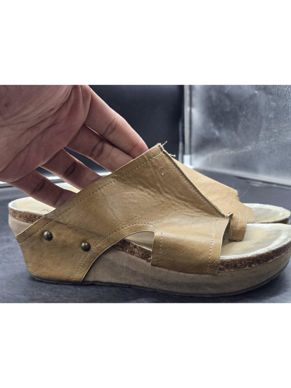 Pierre Dumas Sandals Womens Size 8.5 Beige Slide Wedge Damage Comfort Shoes